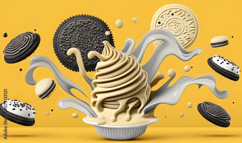  an ice cream sundae with cookies and oreos in the background on a yellow background with a splash o