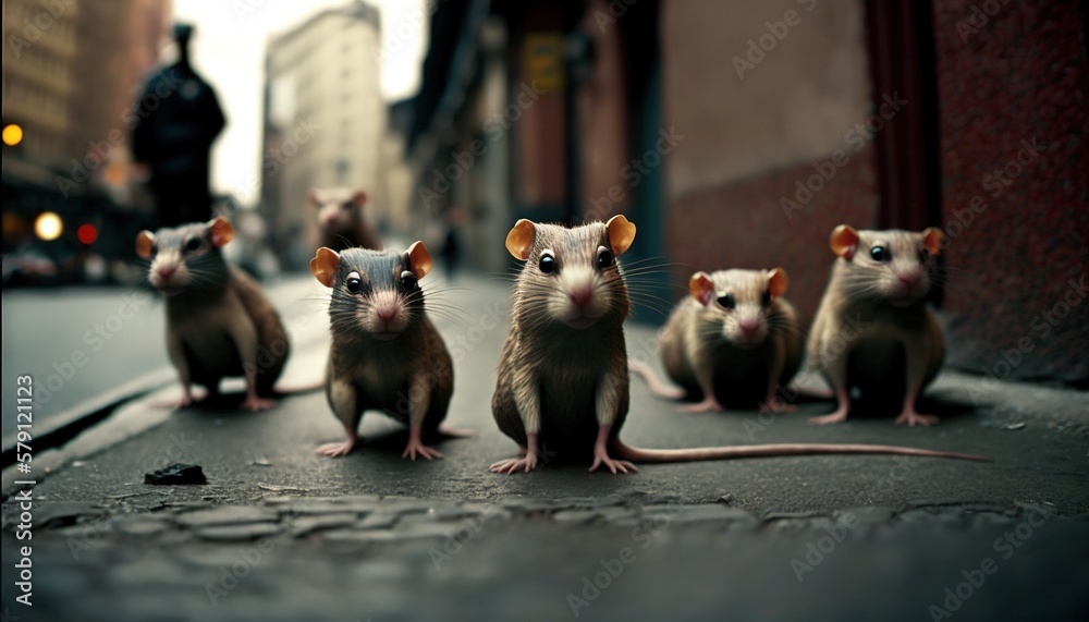  a group of mice sitting on the ground in front of a man in a black suit and a black suit and a blac