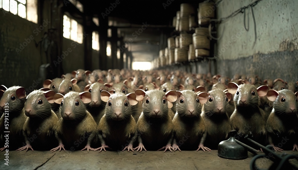  a large group of mice sitting in a room with a lot of bottles on the wall and a bunch of bottles on