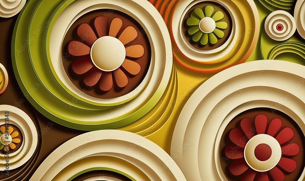  an abstract painting of circles and flowers on a brown and green background with a white center and