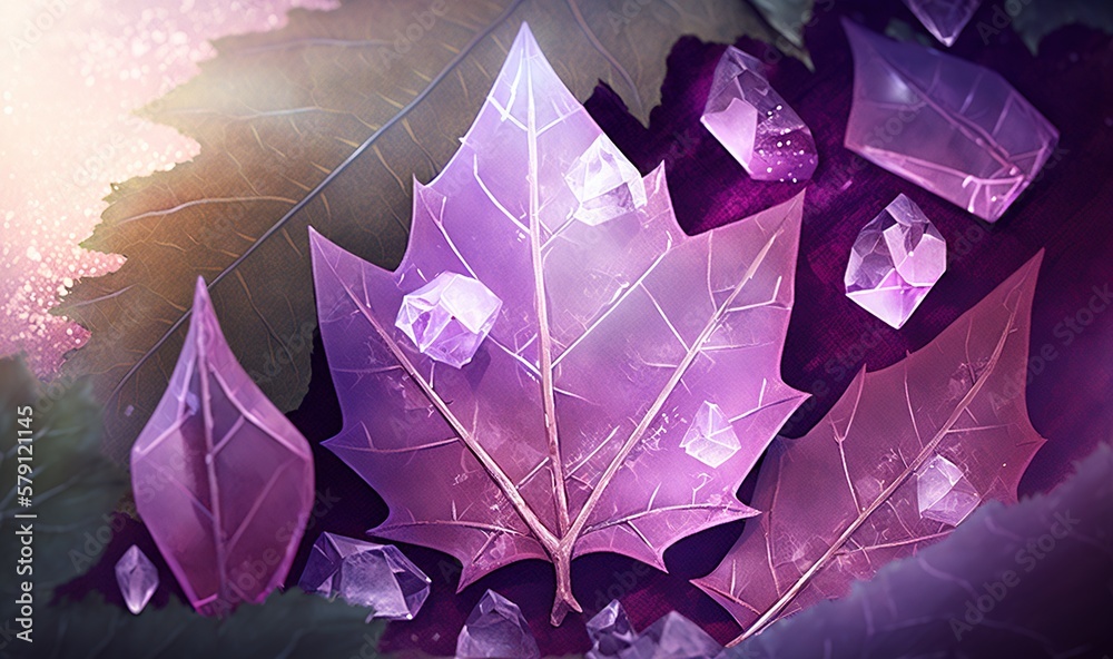  a group of purple crystals sitting on top of a green leaf covered in water droplets on top of a gre