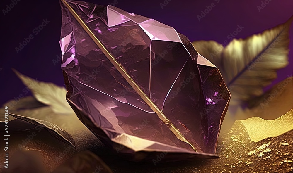  a purple diamond sitting on top of a table next to a leaf and a purple light behind the diamond is 