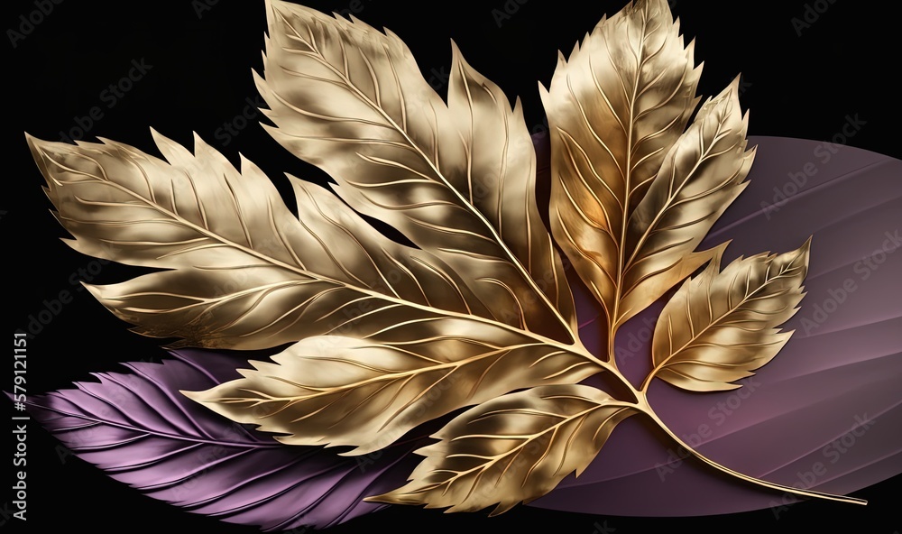  a gold leaf on a purple leaf on a black background with a purple circle around it and a gold leaf o