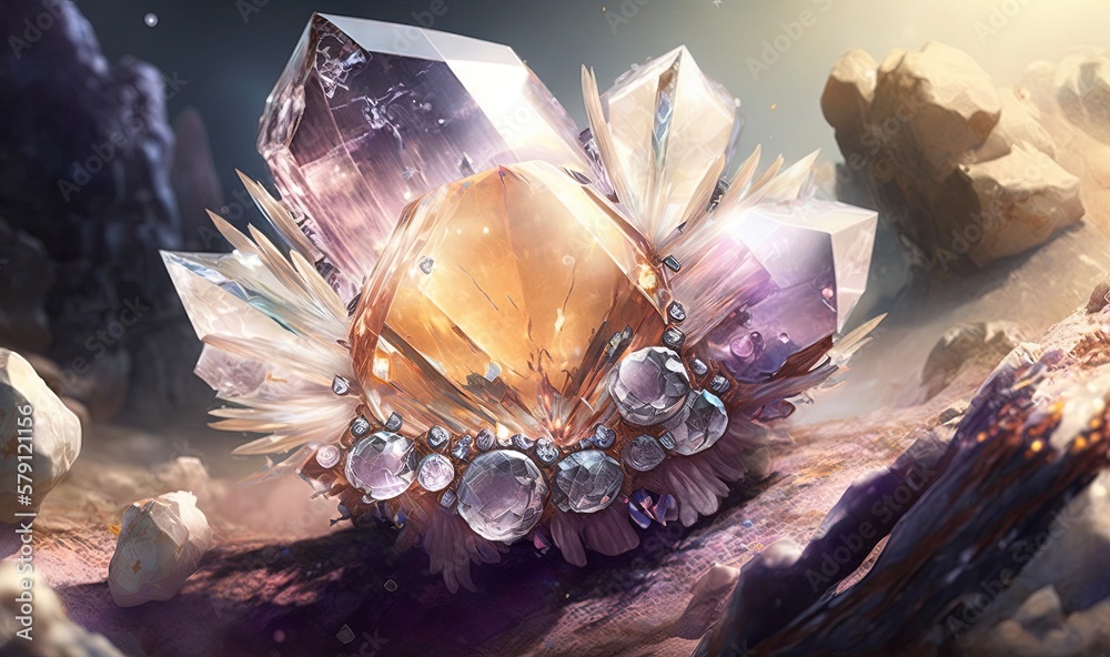  a crystal object sitting on top of a rock covered ground next to a pile of rocks and a light shinin