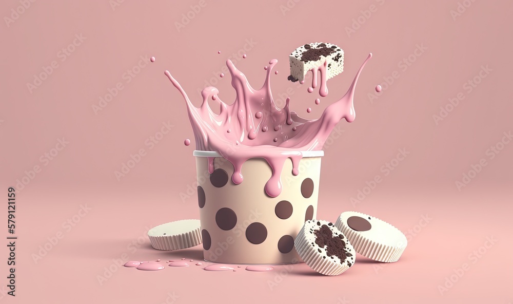  a cup of pink liquid with a cake in the middle of it and some cupcakes on the side of the cup with 