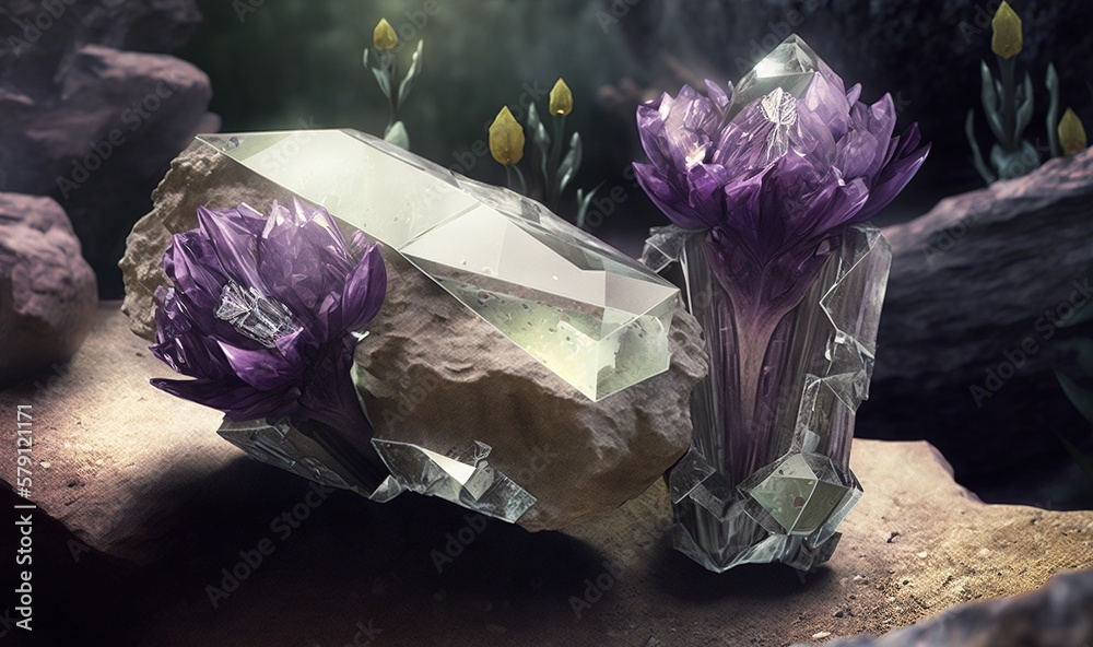  a couple of purple flowers sitting on top of a piece of rock next to a pile of rocks and a bunch of