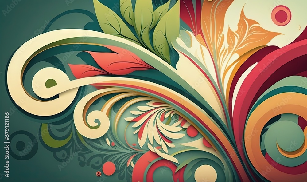  a colorful abstract design with leaves and swirls on a green background with red, orange, and green