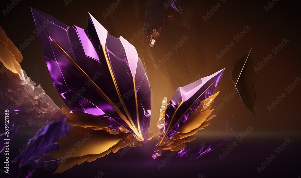  a purple and gold object with a black background and a black background with a gold and purple obje