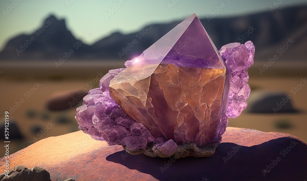  a rock with a purple crystal on it and a mountain in the background with a blue sky in the backgrou