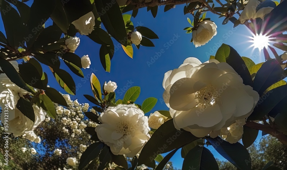  a white flower is blooming on a tree with the sun shining through the leaves and the sky in the bac