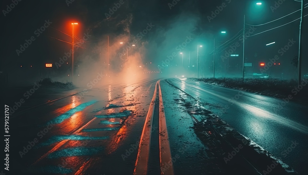  a city street at night with a lot of smoke coming out of the street lights and a lot of water on th