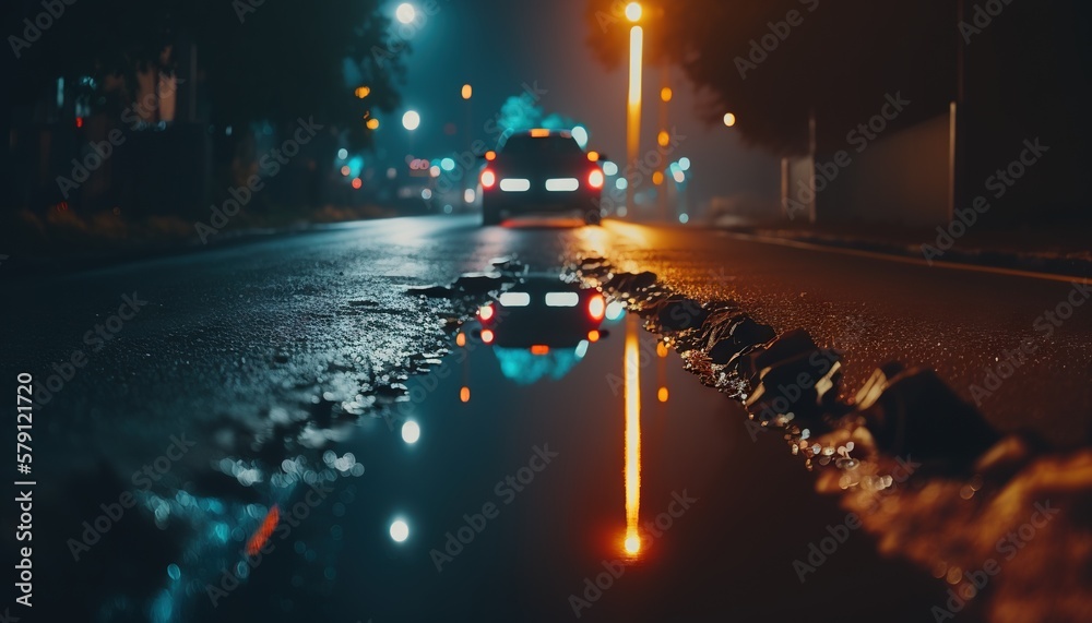  a car driving down a street at night with its lights on and a reflection in the wet road surface of