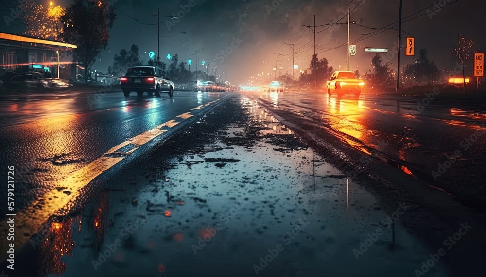  a wet street at night with cars driving on it and street lights shining on the wet road and buildin