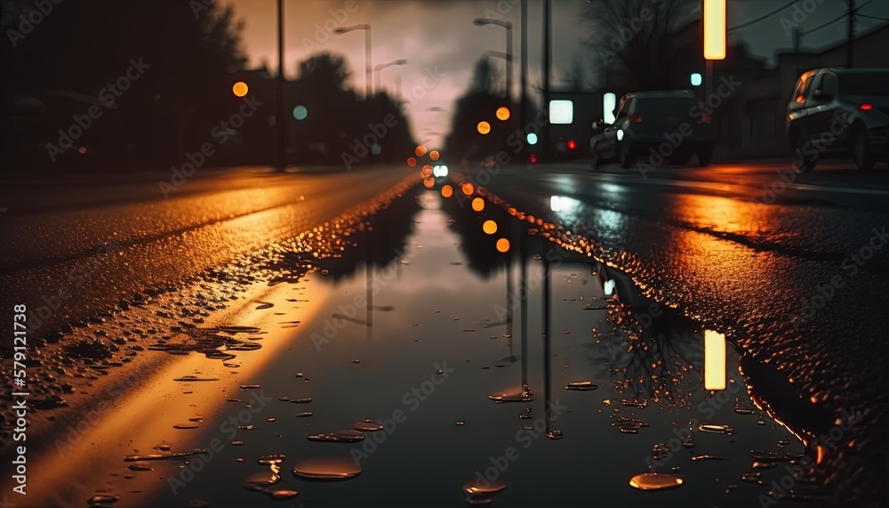  a wet street with raindrops on the ground and a street light in the distance with cars on the road 