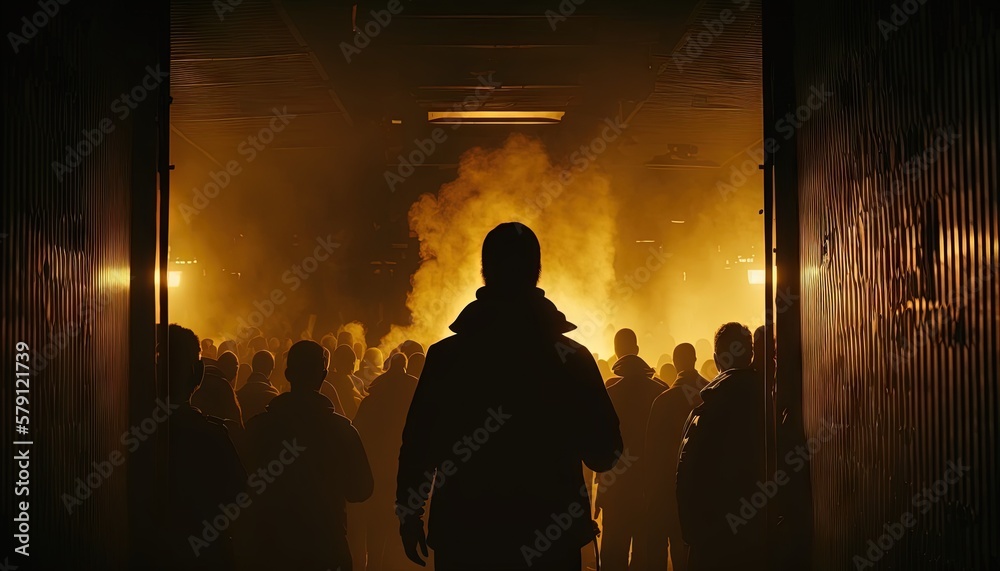  a person standing in a dark room with a lot of smoke coming out of the back of the room behind him 