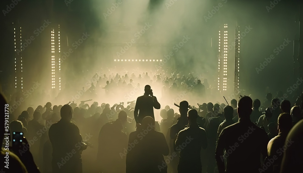  a man standing in front of a crowd of people on a stage with lights on the side of the stage and sm