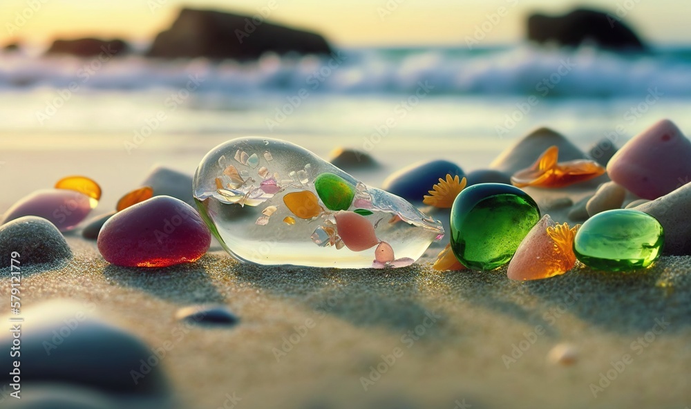  a group of glass pebbles sitting on top of a sandy beach next to the ocean with waves coming in and