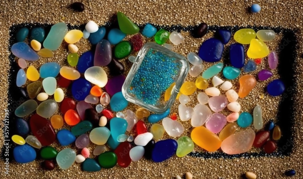  a bunch of different colored rocks on the ground next to a container of sand and sea glass on the f