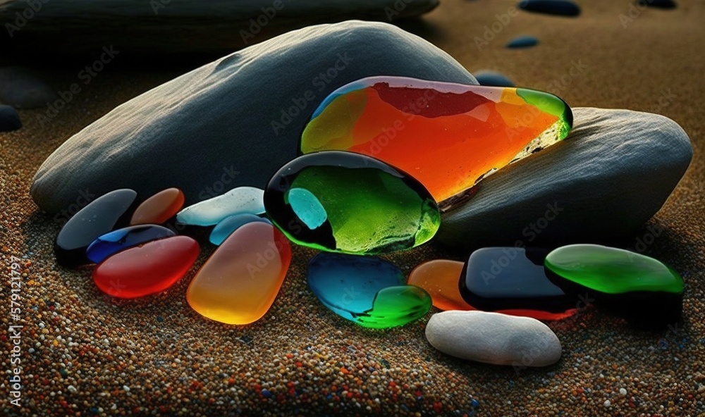  a group of colorful rocks sitting on top of a sandy beach next to a large rock with lots of differe