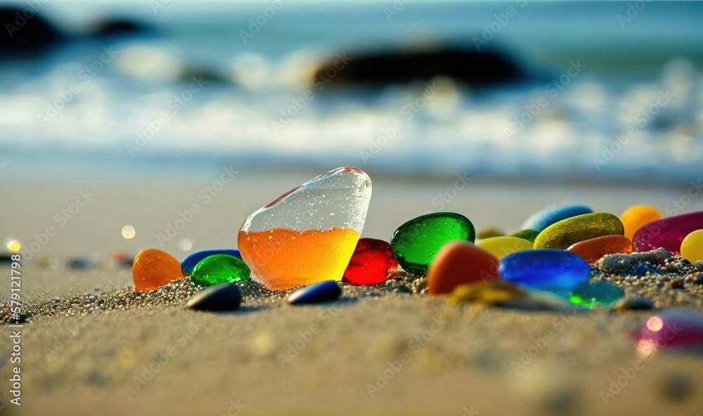  a close up of a bunch of glass balls on a beach near the water and a body of water in the backgroun