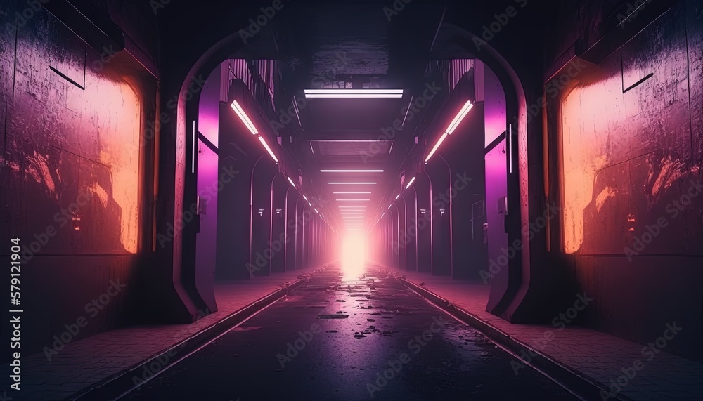  a long hallway with a light at the end of the tunnel between two buildings and a hallway leading to