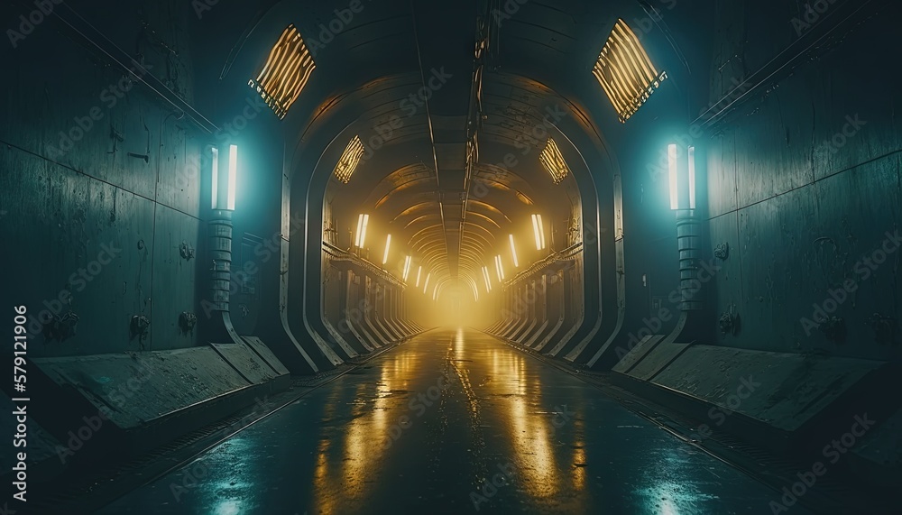  a long tunnel with light coming from the end of it and a person walking in the middle of the tunnel