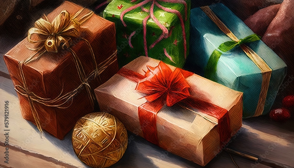  a painting of presents on a table with a christmas ornament next to them and a ball of yarn on the 