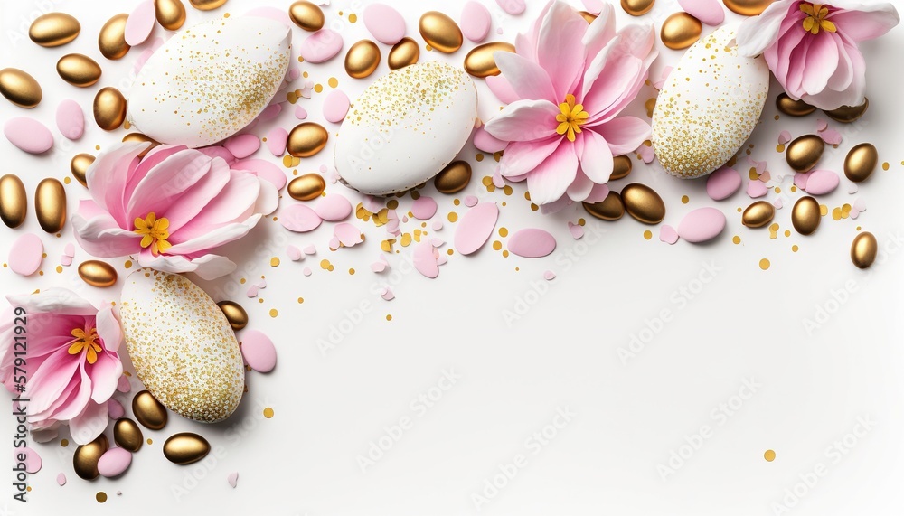  a white background with pink flowers and gold confetti on top of it and a white background with pin