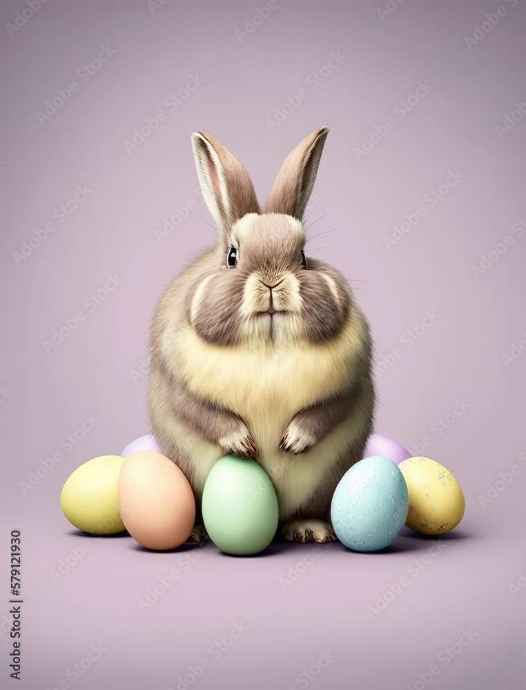  a rabbit sitting on top of a pile of eggs with its eyes closed and ears open, with a purple backgro