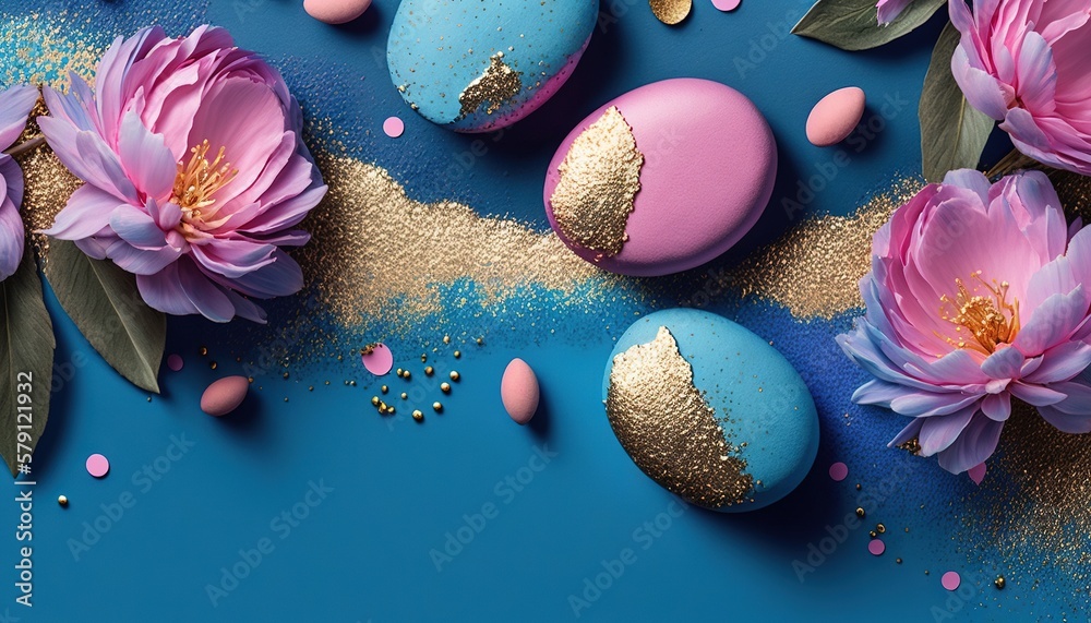  some pink flowers and some blue eggs on a blue surface with gold glitter and pink flowers on the si