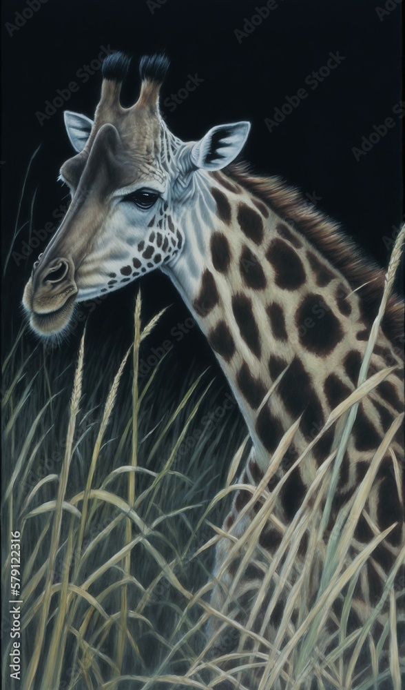  a painting of a giraffe standing in tall grass with its head turned to the side and its head turned