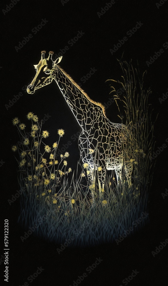  a giraffe standing in a field of tall grass at night with a light shining on its head and neck and