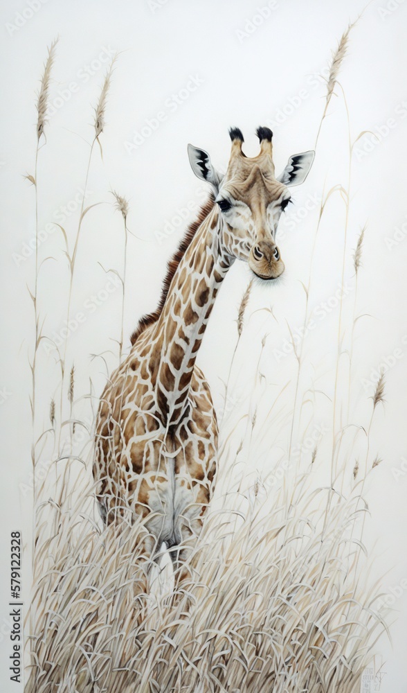  a painting of a giraffe standing in a field of tall grass with its head turned to the side, with it