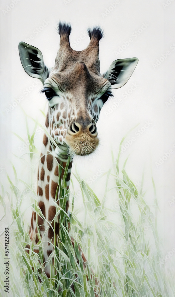  a giraffe is standing in tall grass with its head turned to the side and its eyes open and its to