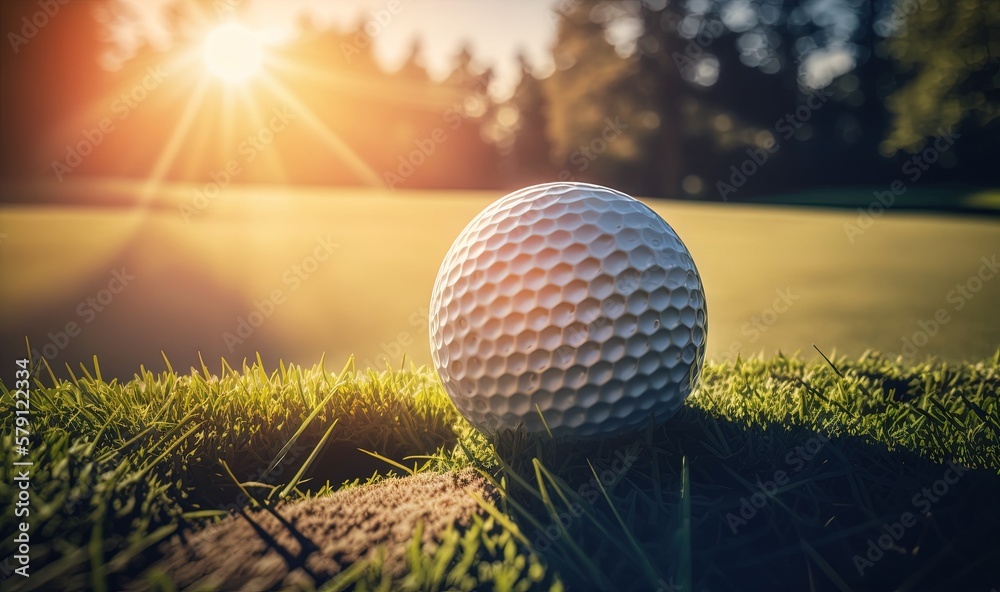  a golf ball sitting on top of a lush green golf field with the sun shining behind the golf ball on 