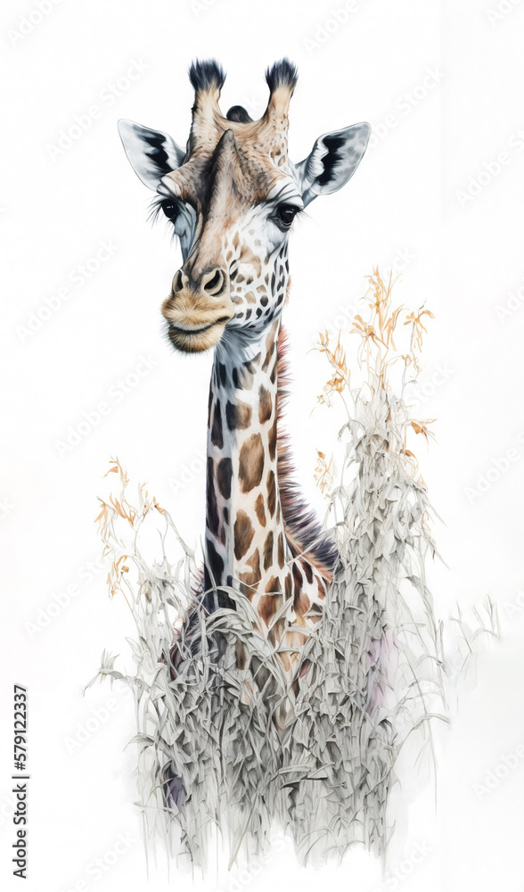  a drawing of a giraffe laying down in the grass with its head turned to the side, with its eyes clo