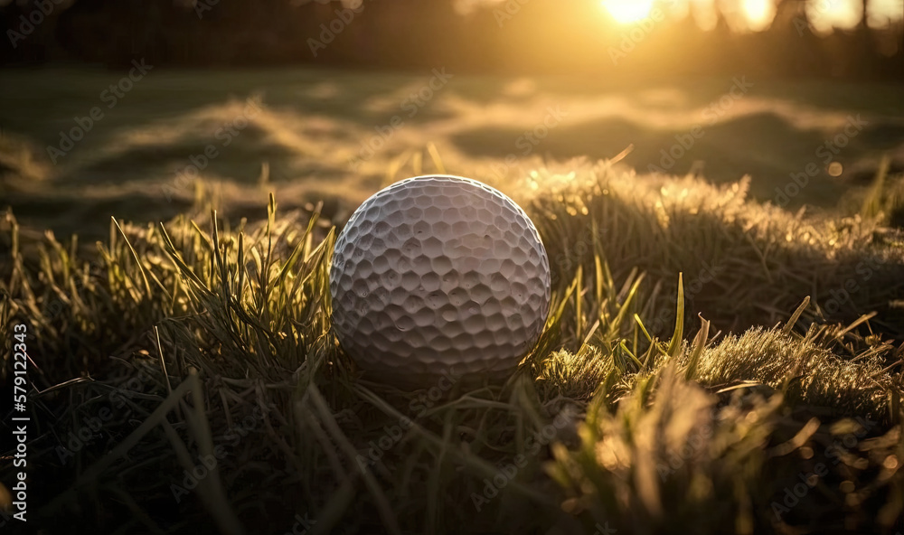  a golf ball sitting in the grass with the sun shining behind it in the distance, with the sun peeki