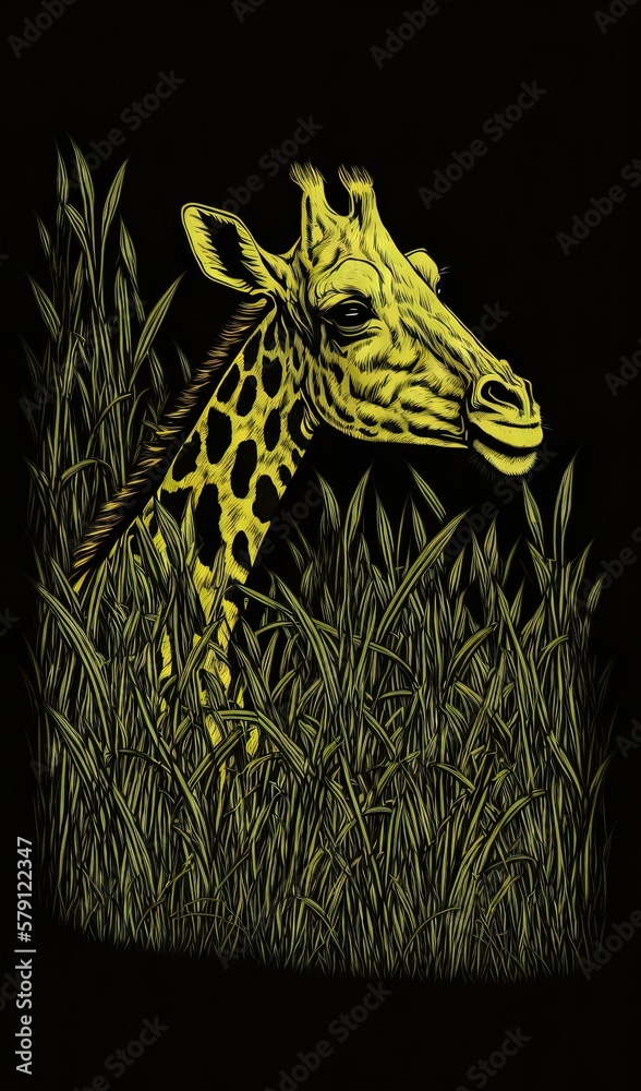  a drawing of a giraffe in the grass with its head turned to the side, with its tongue sticking out,