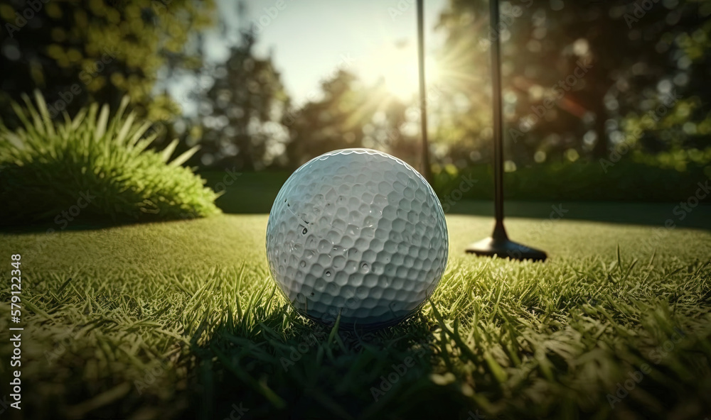  a golf ball sitting on top of a lush green field next to a golf ball on a tee on a sunny day in the