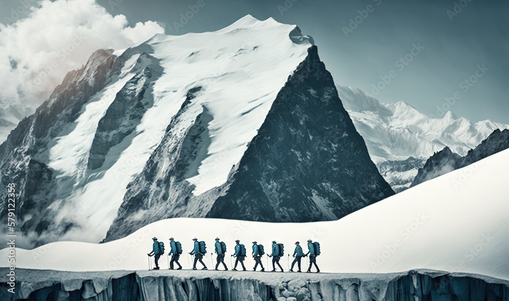  a group of people standing on top of a snow covered mountain next to a glacier under a cloudy sky w