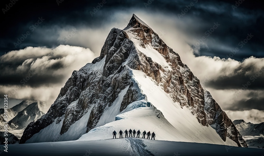  a group of people standing on top of a snow covered mountain under a cloudy sky with a mountain pea