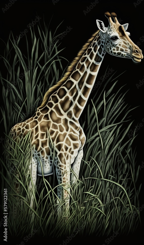  a painting of a giraffe standing in tall grass with its head turned to the side and its head turned