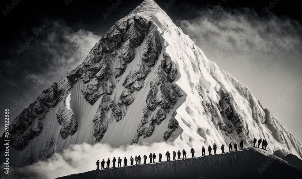  a group of people standing on top of a snow covered mountain with a sky in the background of the mo