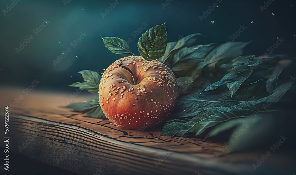  a close up of an apple on a wooden surface with leaves and stars in the sky behind it, with a green