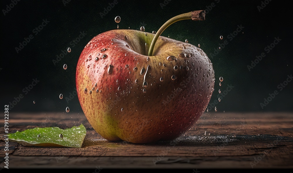  an apple with water droplets on it and a green leaf on the ground next to it on a wooden surface wi