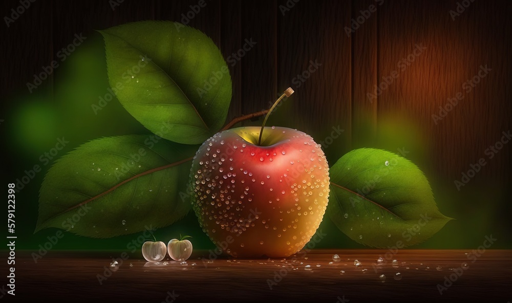  a painting of an apple with leaves and drops of water on a wooden table with a dark background with