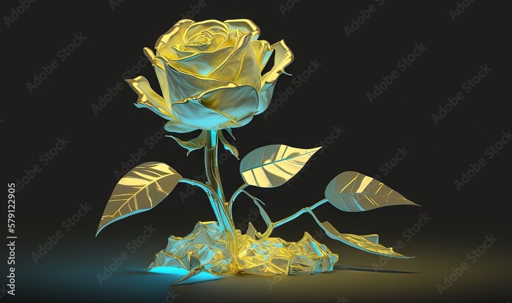  a yellow rose with leaves on a black background with a light reflection on the ground and a black b