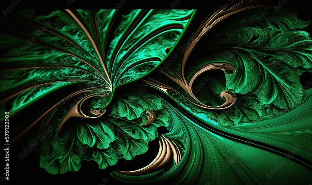  a computer generated image of a green and gold swirl pattern on a black background with a black bac