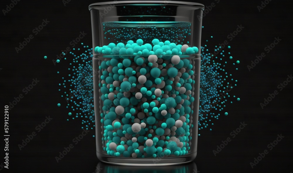  a glass container filled with blue and white balls of different sizes and shapes, with a black back