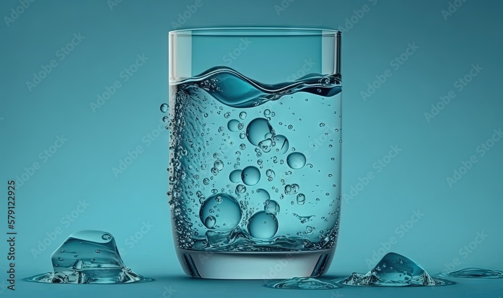  a glass of water with ice cubes on a blue background with water droplets on the bottom of the glass